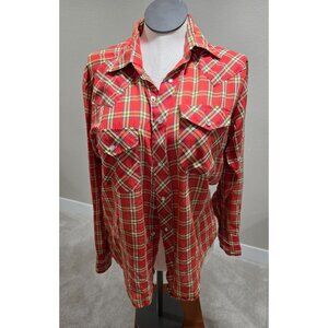 Vintage Womens Western Snap Button Plaid Shirt Red & Yellow Long Sleeve Size L
